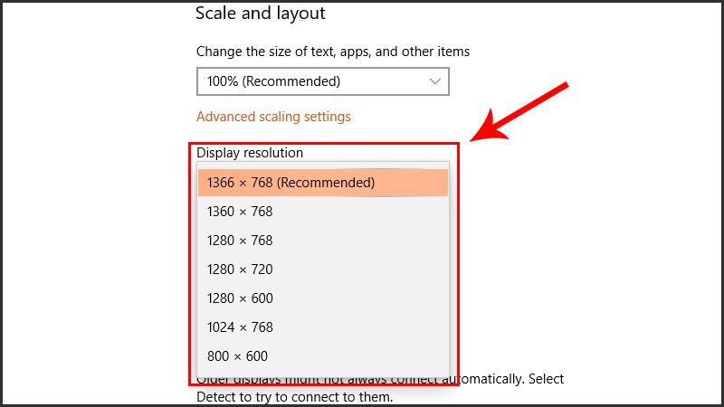 Chọn độ phân giải được đề xuất trong mục Display resolution